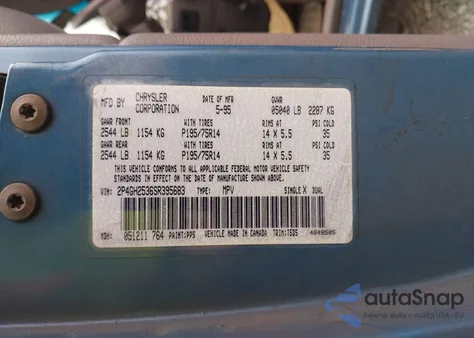 1995 Plymouth Voyager из США, поврежденный, VIN 2P4GH2536SR395683